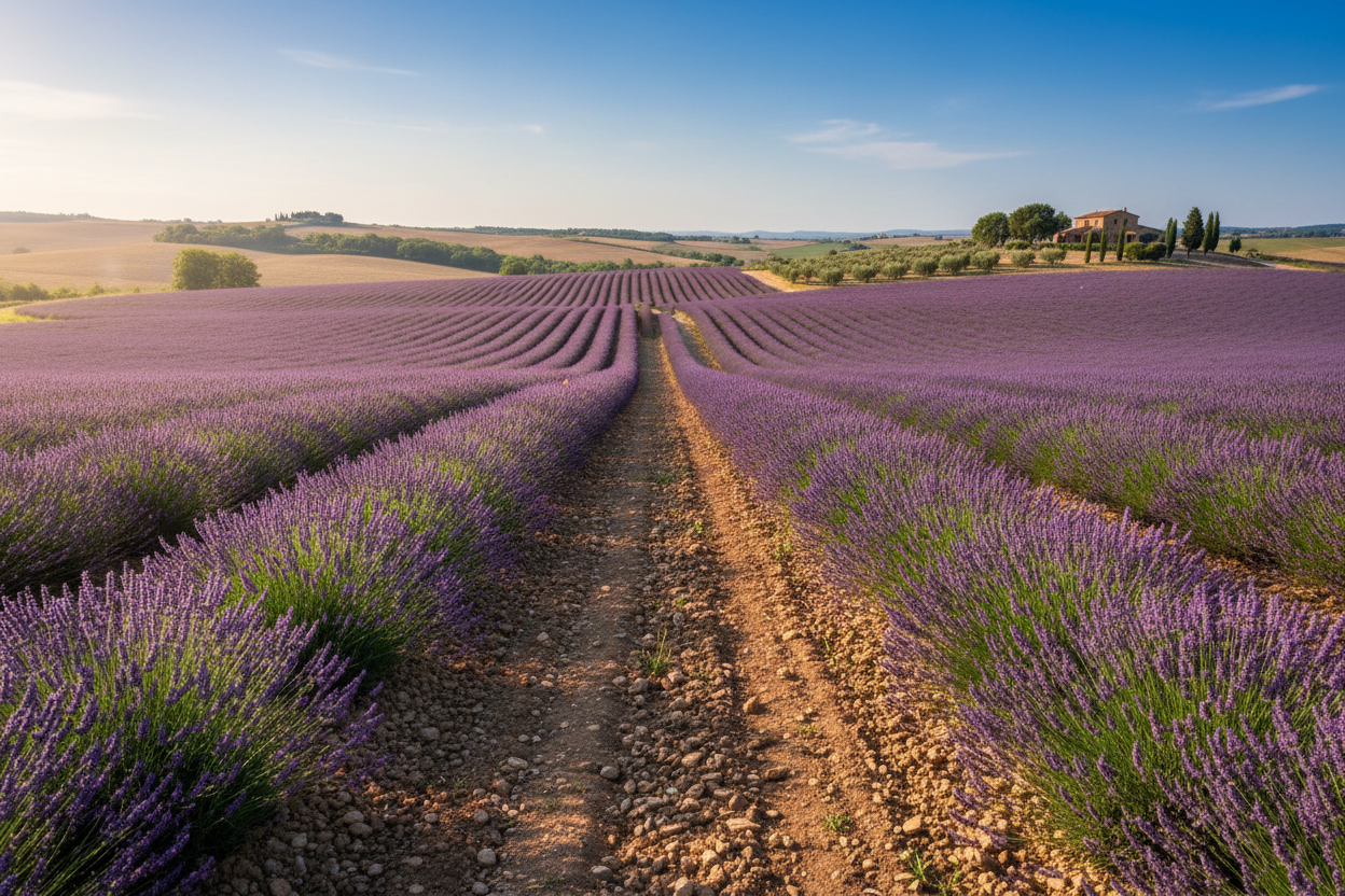 güneşli bir tepeden lavanta bahçesi görüntüsü